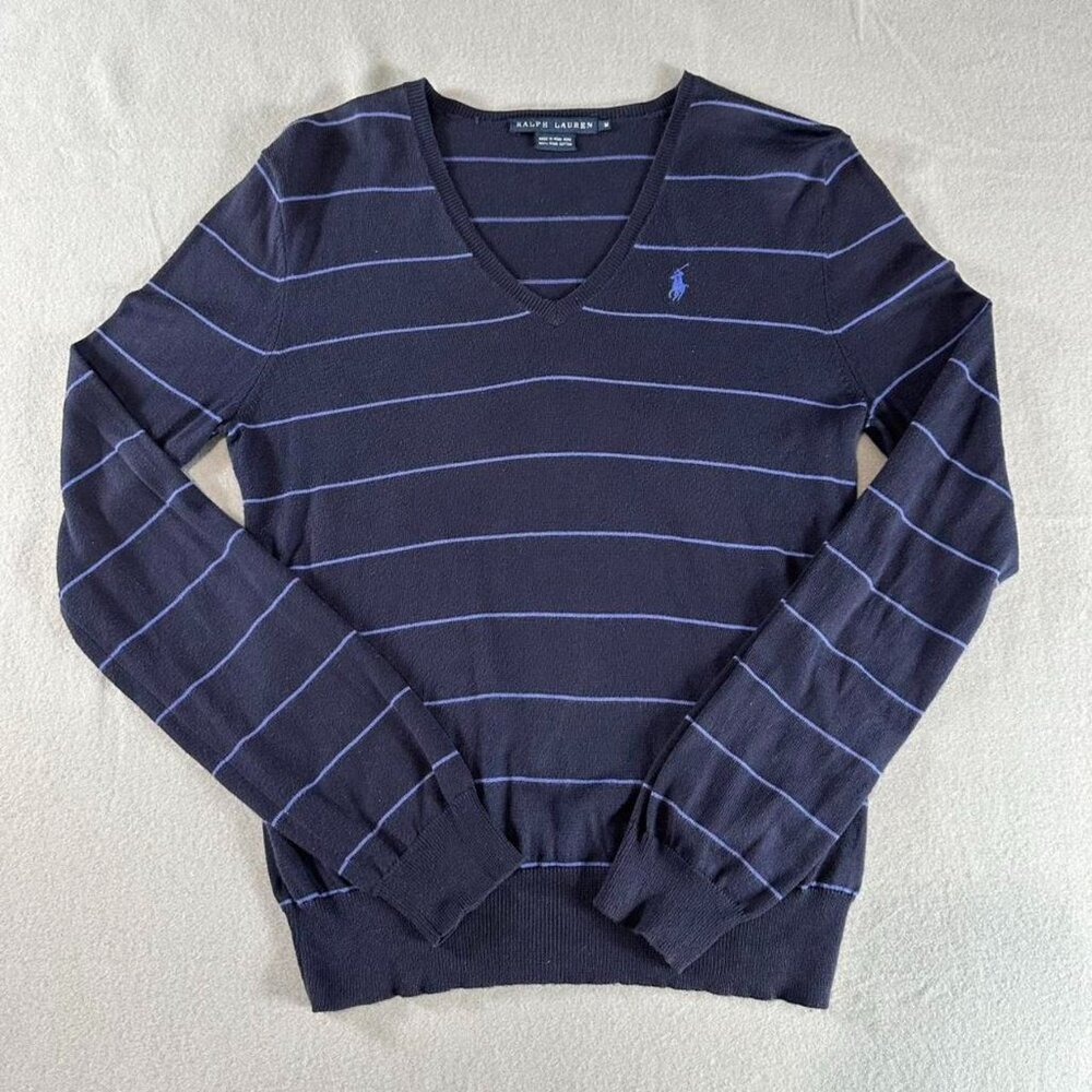Ralph Lauren Women’s Navy Blue Striped V-Neck Sweater 100% Pima Cotton Size M